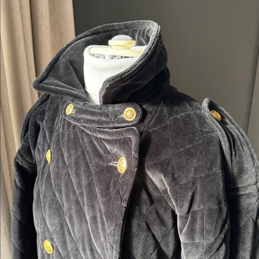 Jones New York Black Velvet Quilted Pea Coat with Gold Buttons Size PL‎